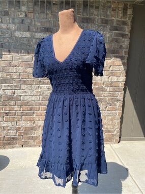Smocked V-Neck Navy Midi Dress with Puff Sleeves